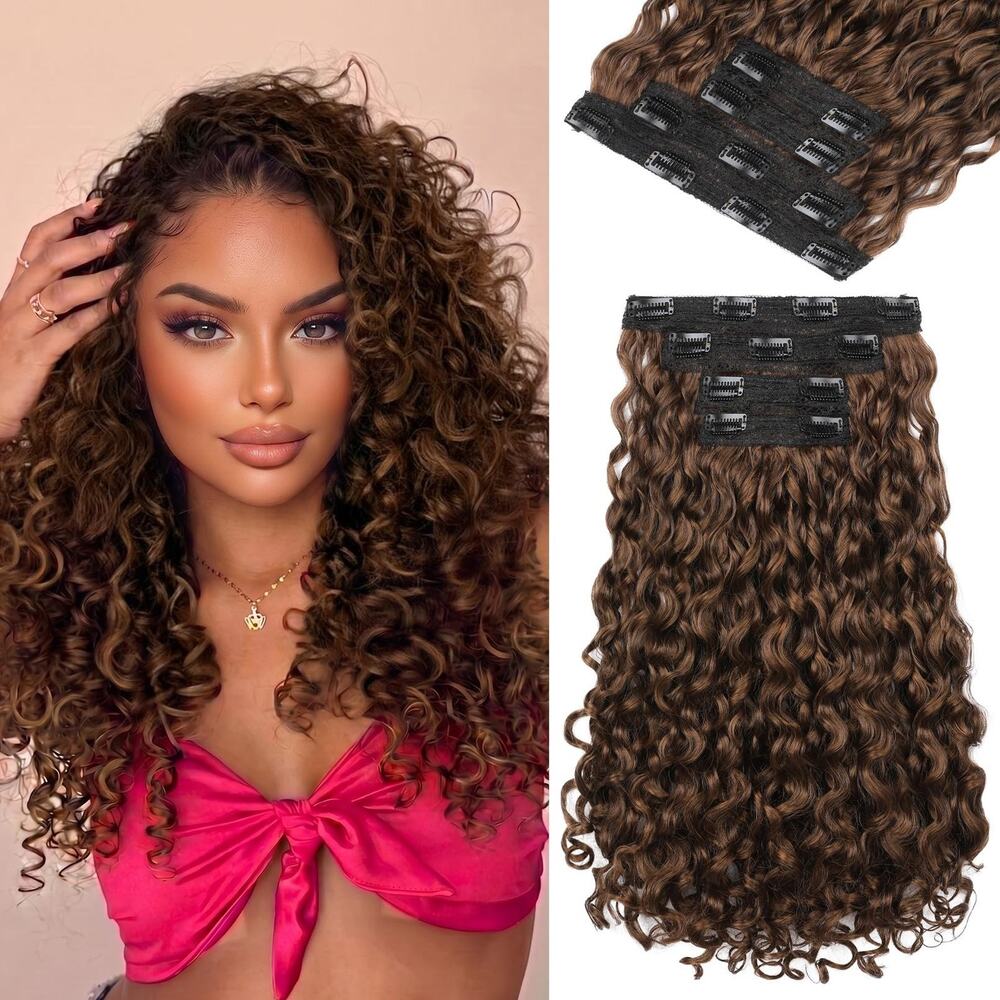 Reecho Clip In Hair Extensions Curly Brown Full Head Synthetic Weft 14" 4 pieces